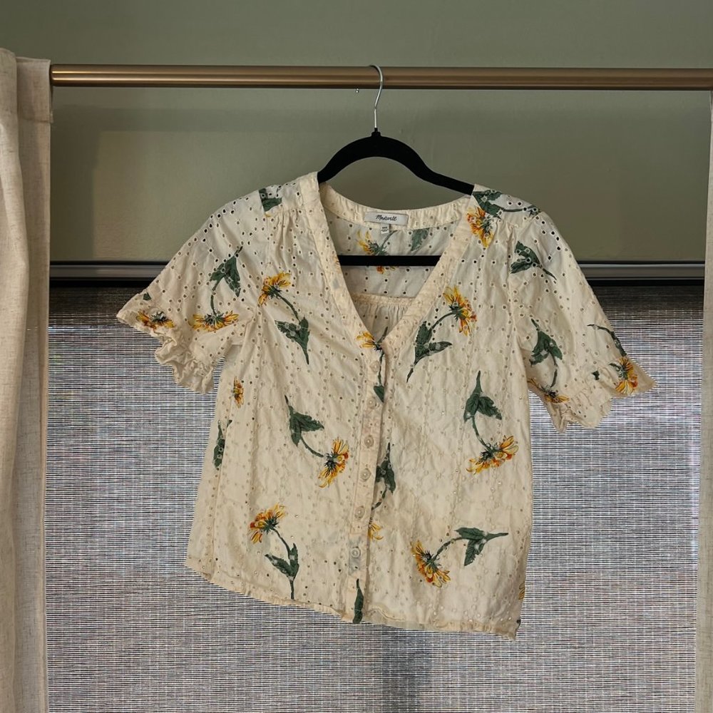 Madewell Eyelet Village Ruffle-Sleeve Shirt in Sunflower Scatter XXS